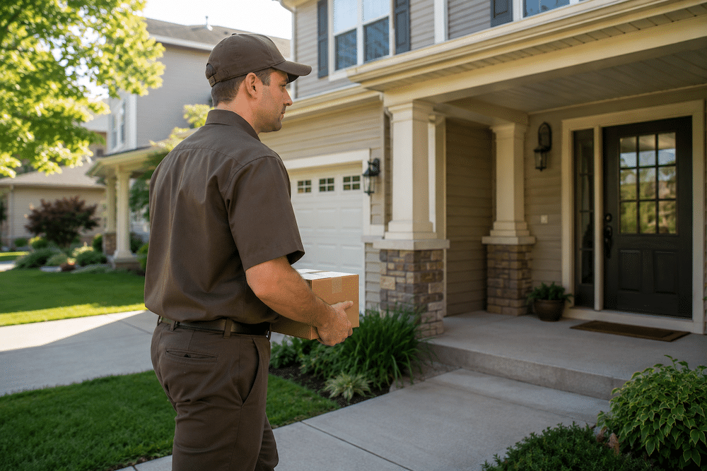 Delivery driver approaching a residential front porch with a package, illustrating the typical scenario where dog bite injuries occur in Memphis and West Tennessee.