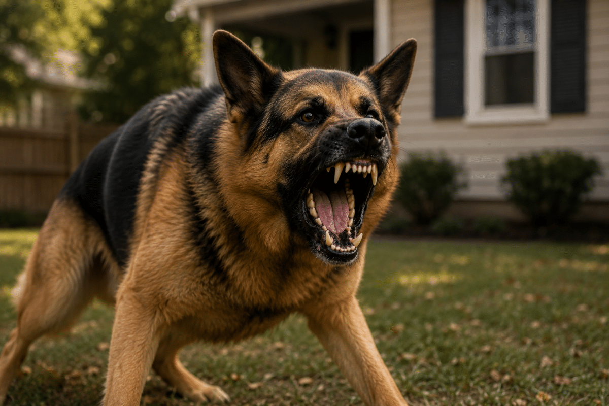 Aggressive German Shepard in front of house